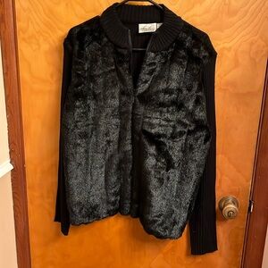 Pre-Owned Kathie Lee Collection Black Full Zip Faux Fur Cardigan Sweater Sz XL